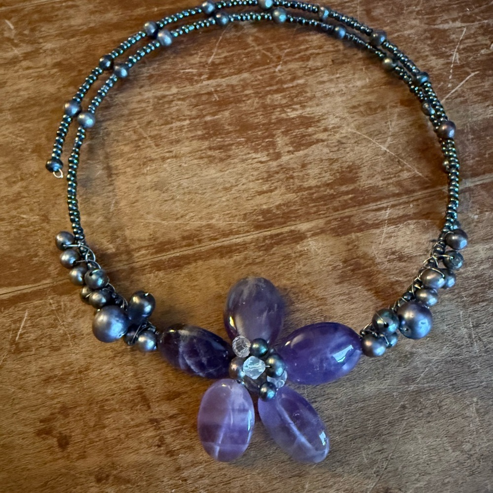 Elegant Purple Amethyst and Pearl Beaded Wrapped Necklace